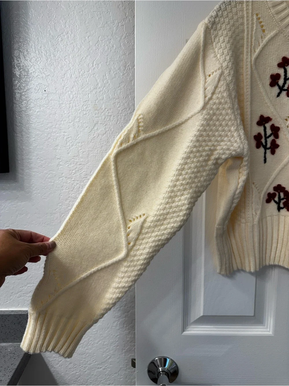 Handmade Cream Chunky Knit Button-Front Sweater with Burgundy Floral Embroidery